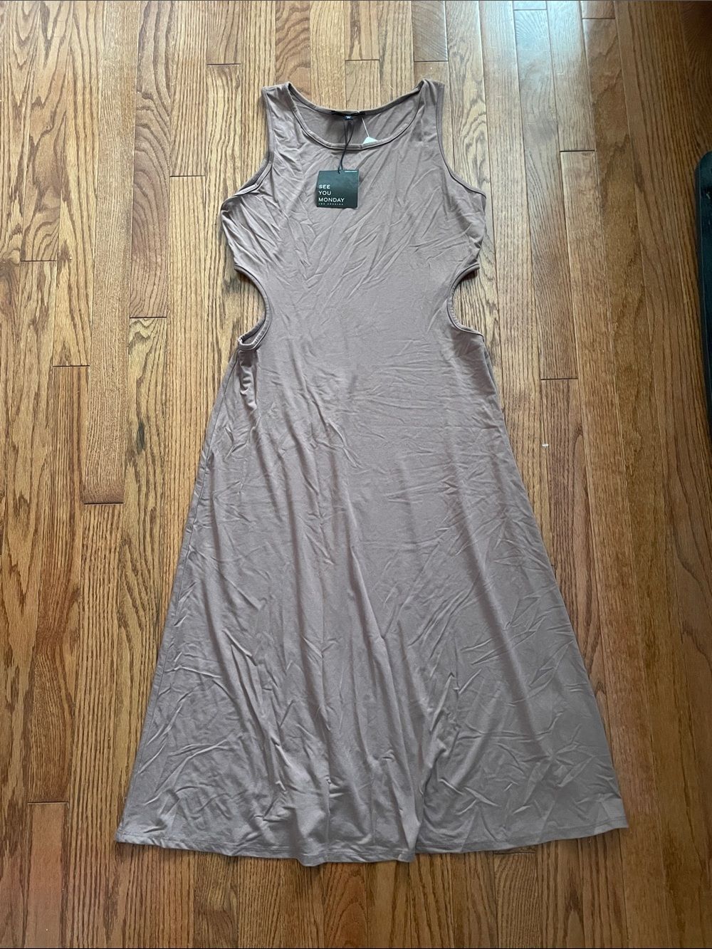 See You Monday Light Brown Tank Side Cutout Midi Dress Sz XL NWT